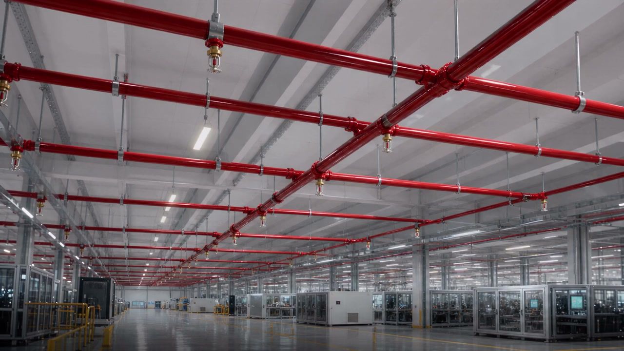 Réseau sprinkler sous le plafond d'un hall : collecteurs et antennes rouges, têtes de diffusion sur descentes.
