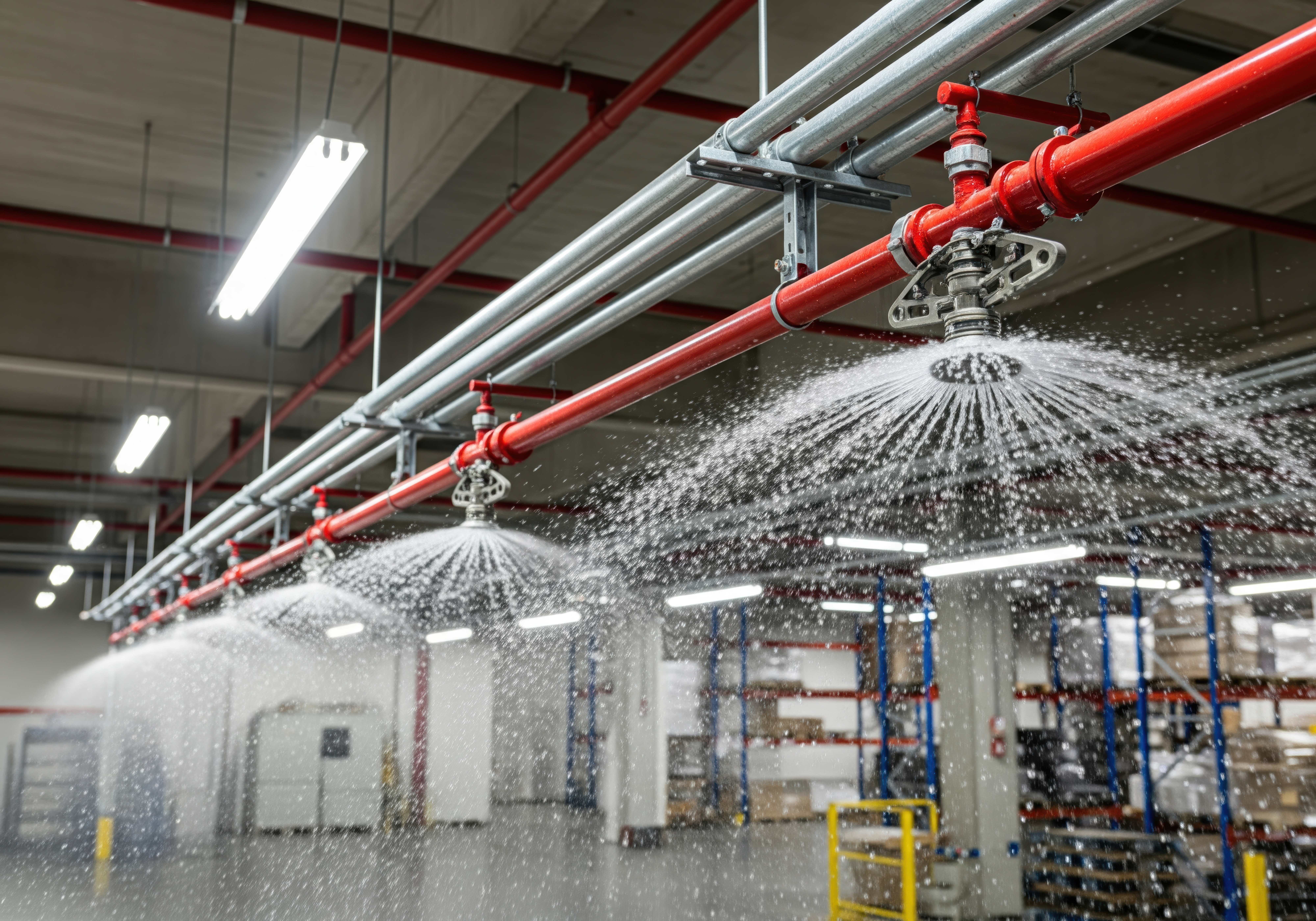 Réseau sprinkler en acier peint sous un plafond d'entrepôt : antennes, raccords à collier et têtes de diffusion en cours d'aspersion.